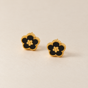 Kolczyki ze stali szlachetnej pozłacane 14k złotem, czarny KWIAT złote kuleczki KST3746
